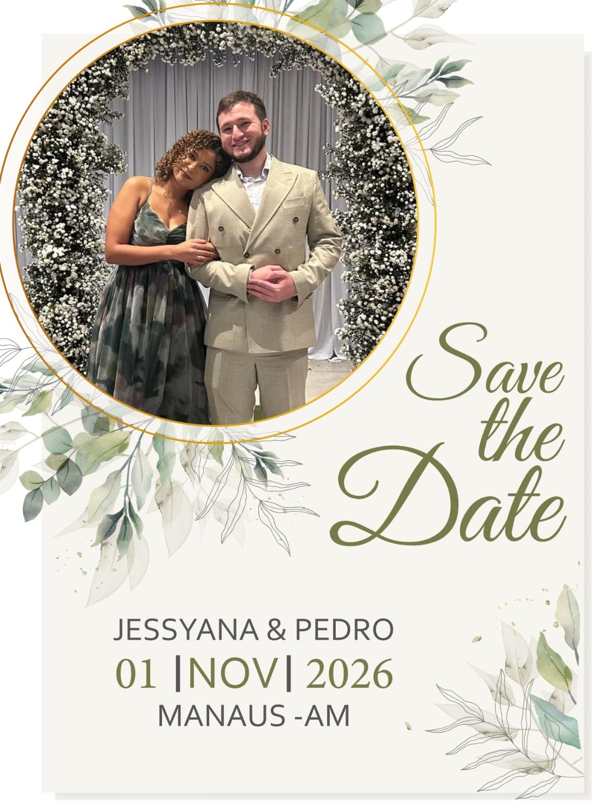 Save the date de Jessyana e Pedro — 01 de novembro de 2026, Manaus